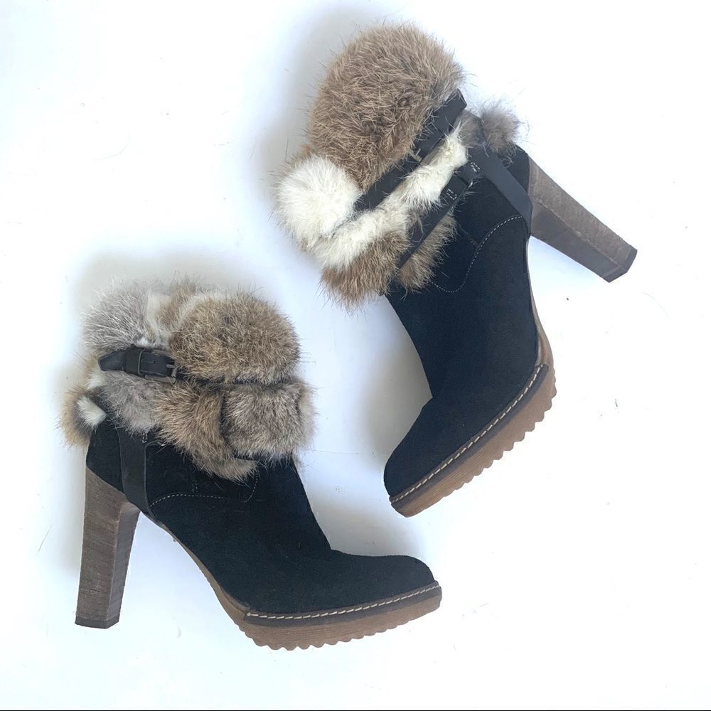 NEW MINELLI BLACK SUEDE HEELED BOOTS WITH FUR
